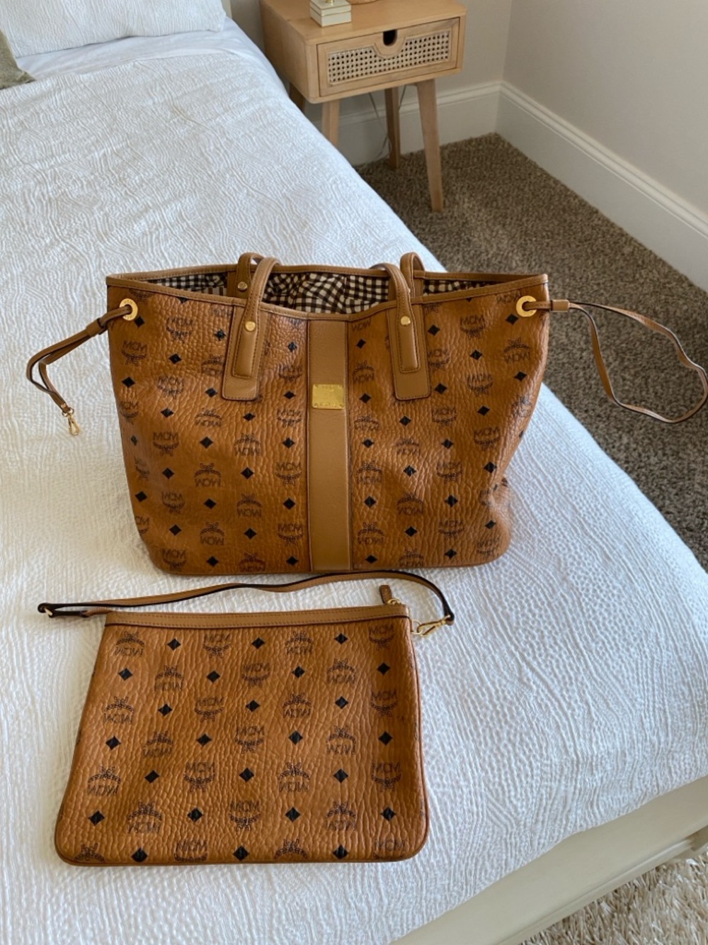 MCM Cognac Visetos Monogram Tote Large with Matching Pouch